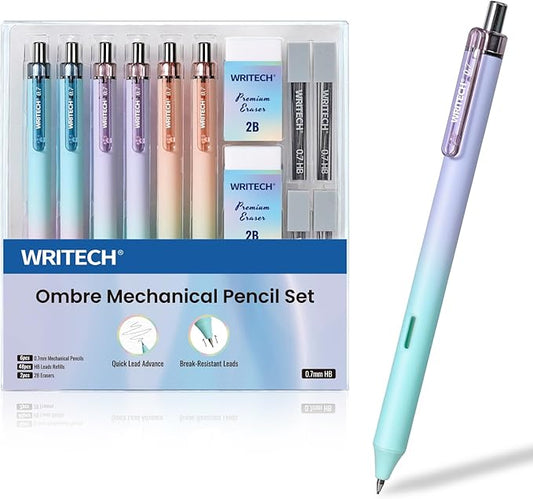 WRITECH Up Mechanical Pencil Set: 6ct Gradient Barrel 0.7mm Mechanical Pencils with 4 Tubes of HB Lead Refills and 2 Extra Erasers for Writing Drawing Sketching Drafting-DeskLoop Office
