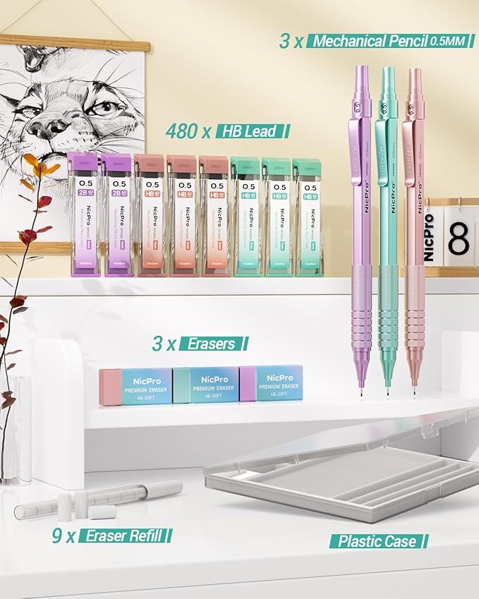 Nicpro 0.5 mm Metal Mechanical Pencil Set, 3PCS MP1000 Artist Lead Pencils With 480PCS HB 2B Lead Refills, Erasers, Aesthetic School Supplies for Girls & Women Teacher Writing Drawing Sketching-DeskLoop Office