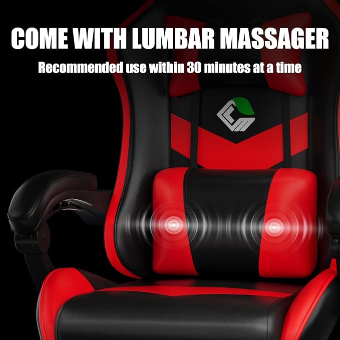 Gaming Chair, Ergonomic Office Computer Chair with Footrest and Lumbar Support Massager Racing Style High Back Video Gamer Chair, Wide&Thick Cushion, 90°-135° Recline, Adjustable Height, Red-DeskLoop Office
