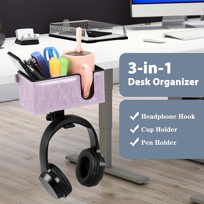 Desk Cup Holder Clip on Pen Holder Headphone Hanger Headset Stand Rotatable Clamp Hook Under Desk (Violet)-DeskLoop Office