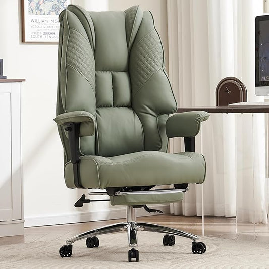 Big and Tall Office Chair 400lbs Wide Seat, Leather High Back Executive Office Chair with Foot Rest, Ergonomic Chairs Lumbar Support for Lower Back Pain Relief (Light Green)-DeskLoop Office