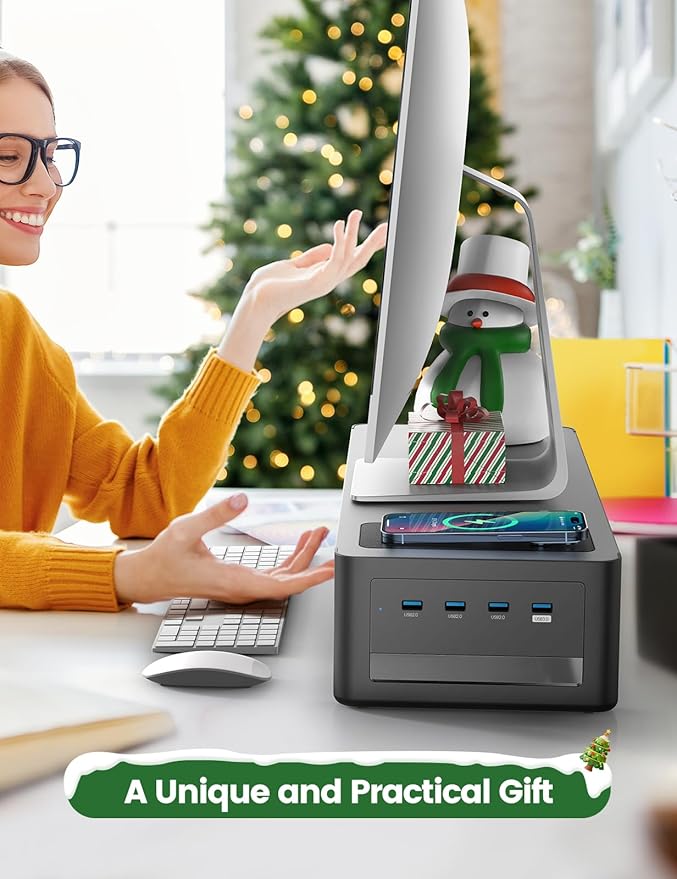 meatanty 3 In 1 Monitor Stand Riser with 2 Drawers,1 Wireless Charging Module and 4 USB Ports,Metal Computer Stand Support Transfer Data & Charging,Desk Organizer for PC,iMac (21 inches)-DeskLoop Office