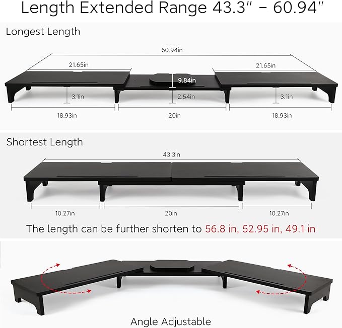 Nnewvante Monitor Stand Riser, 60 inch Large Bamboo Dual Monitor Stand for Desk, 3 Shelves Desktop Screen Riser with Adjustable Length Angle for Computer Laptop PC,Black-DeskLoop Office