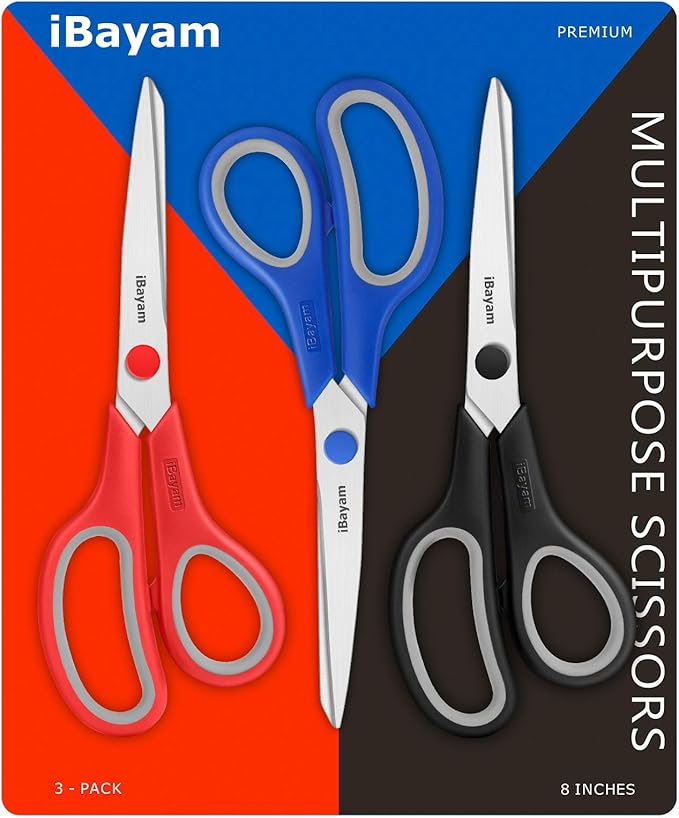 Scissors, iBayam 8" All Purpose Scissors Bulk 3-Pack, Ultra Sharp 2.5mm Thick Blade Shears Comfort-Grip for Office Desk Accessories Sewing Fabric Home Craft School Supplies, Right/Left Handed-DeskLoop Office