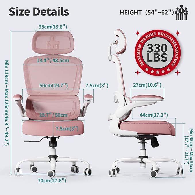 TRALT Office Chair Ergonomic Desk Chair, 330 LBS Home Mesh Office Desk Chairs with Wheels, Comfortable Gaming Chair, High Back Office Chair for Long Hours (Pink)-DeskLoop Office