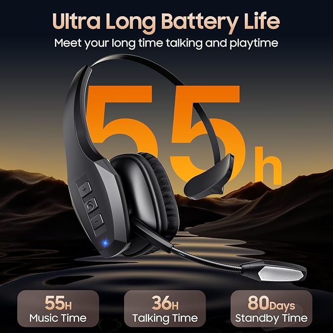 Trucker Bluetooth Headset, Wireless Headset with Mic, Bluetooth Headsets with Dual Noise Cancelling Microphone & Mute Button, 55Hrs Working Time PC Headsets for Cell Phones, Computer, Truck Driver-DeskLoop Office
