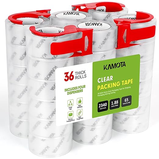 KAMOTA Packing Tape, 36 Rolls Heavy Duty Clear Packaging Tape for Shipping Packaging Moving Sealing, 1.88 inches Wide, 65 Yards Per Roll, Total 2340 Yards with 4 Dispensers-DeskLoop Office
