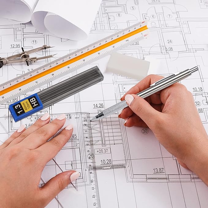 1.3 mm Mechanical Pencil Set with 4 Tubes Lead Refills,2 Eraser,1.3mm Mechanical Pencils,Metal Drafting Pencil, Lead Holder,Drawing Mechanical Pencils,Carpenter Pencils for Marking, Sketching-DeskLoop Office