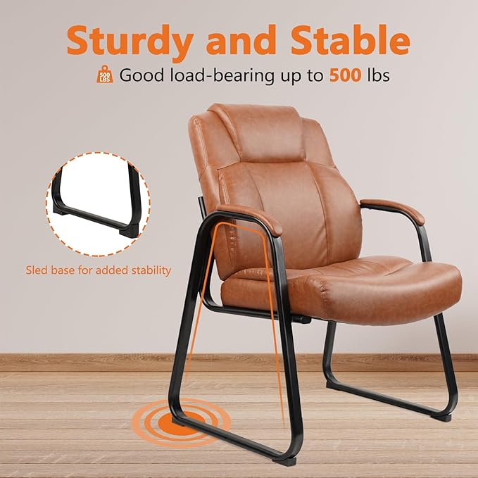 CLATINA Big & Tall 500 lb. Guest Chair, PU Leather Office Reception Chairs with Sled Base, Desk Chair No Wheels for Waiting Room Conference Lobby Computer Living Room, Brown-DeskLoop Office