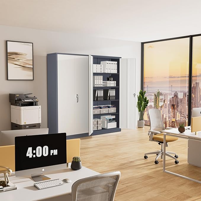 Greenvelly Metal Garage Storage Cabinet, Locking Steel Cabinet with 2 Doors and 4 Adjustable Shelves, Metal Tool Cabinets, Lockable File Cabinet for Home Office, Garage, School (Gray White)-DeskLoop Office