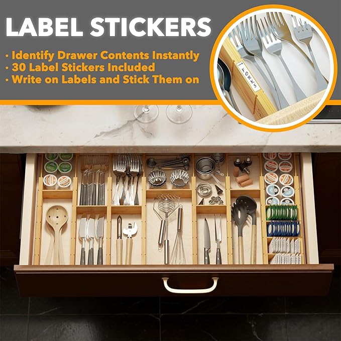 SpaceAid Bamboo Drawer Dividers with Inserts and Labels, Kitchen Adjustable Drawer Organizers, Expandable Organization for Home, Office, Dressers, 10 Dividers with 24 Inserts (17"-22" Natural)-DeskLoop Office