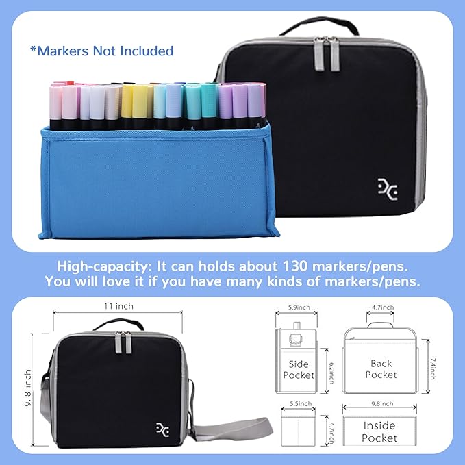 Large Storage Tote Bag for Markers, Brush Pens, Coloring Pencils, Books, Art & Craft Supplies, Tools, Cosmetics - Up to 130 Pens, Black-DeskLoop Office