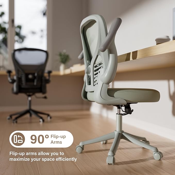 GYI Computer Desk Chair, Ergonomic Office Desk Chairs with Mesh Back, Adjustable Lumbar Support, Height, 3D Flip-up Arms, Wheels, Rocking Function, Grey-DeskLoop Office