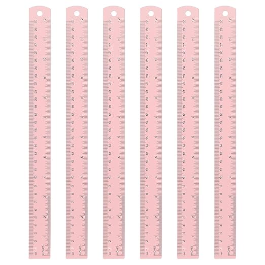 HARFINGTON 6pcs Metal Straight Ruler 30cm Metric SAE Aluminum Alloy Measuring Rulers Scale Tool with Hole for Measure Study Reading Classroom Office, Pink-DeskLoop Office