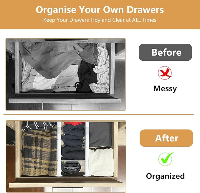 KABUM Upgrade Adjustable Drawer Divider Organizer Clothes Dresser Organizer,Expandable Organization for Home, Office,2.8" High Expandable from 11.7" to 18.5",4 Dividers with 6 Long and 2 Short Inserts-DeskLoop Office