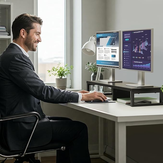 Zimilar Dual Monitor Stand Riser, Large Monitor Stand for Desk, Wood Monitor Riser with Storage Organizer for Home Office, Monitor Stands for 2 Monitors, Desktop Wooden Monitor Riser for Computer-DeskLoop Office