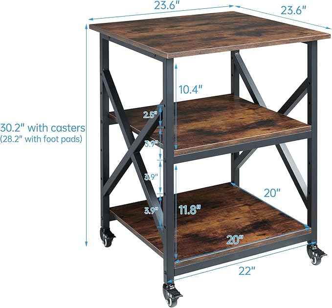 23.6 x 23.6 Inches Large Printer Stand, 3 Tier Square Printer Table with Height Adjustable Storage Shelf, Rolling Printer Cart with Industrial Wheels for Home Office - Rustic Brown-DeskLoop Office