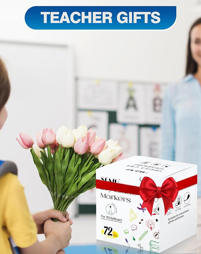 SFAIH Dry Erase Markers Chisel Tip with Magnetic Whiteboard Eraser, 48 Bulk Pack Black White Board Markers for Teachers & Students, Versatile Lines, 1s Quickly Dry, Perfect for Classroom and Office-DeskLoop Office