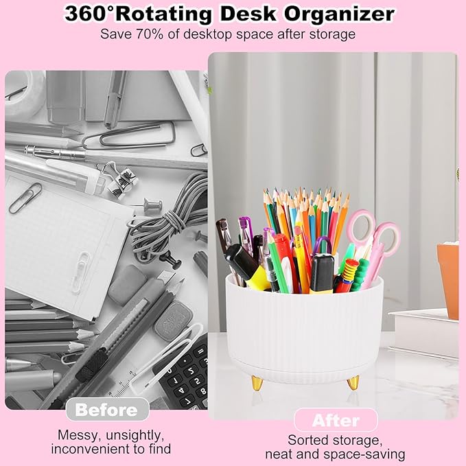 White Desk Organizers and Accessories 10Pcs Set with 360-Degree Rotating Pen Holder, Tape Dispenser, Stapler, Staple Remover, 1000 Staples, Tape, Clips Set, Ruler, Scissor, Pen (White)-DeskLoop Office