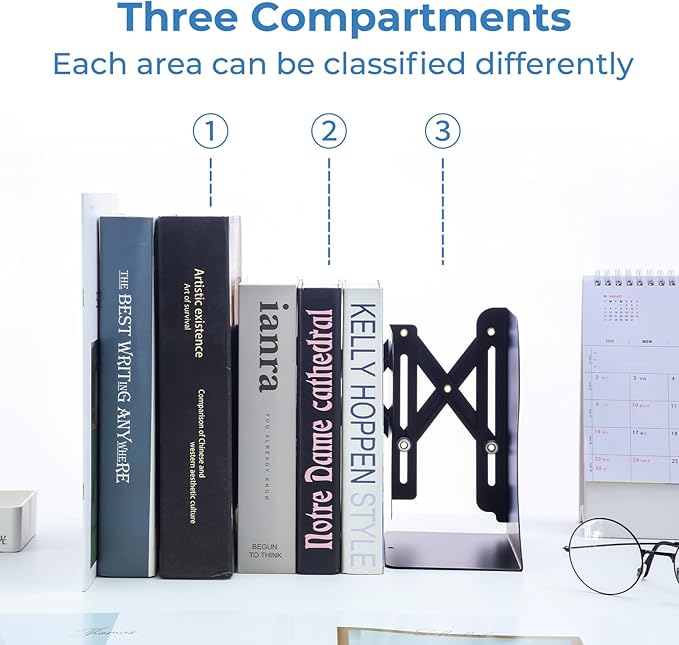 M&G Adjustable Bookends Book Ends for Shelves, Metal Bookend for Heavy Books, Desk Magazine File Organizer Holder Extends up to 20in, Book Stopper for Home, Office, Classroom (Black)-DeskLoop Office