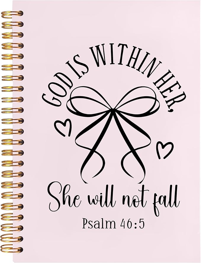 BearCake Pink Coquette Bow Christian Notebook Journal, God is Within Her She Will Not Fall Bible Journal for Women, Christian Religious Gifts for Woman, Hardcover Spiral Notebook 5.5x8.3-DeskLoop Office