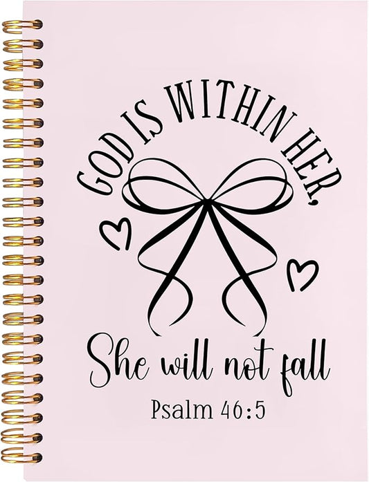 BearCake Pink Coquette Bow Christian Notebook Journal, God is Within Her She Will Not Fall Bible Journal for Women, Christian Religious Gifts for Woman, Hardcover Spiral Notebook 5.5x8.3-DeskLoop Office