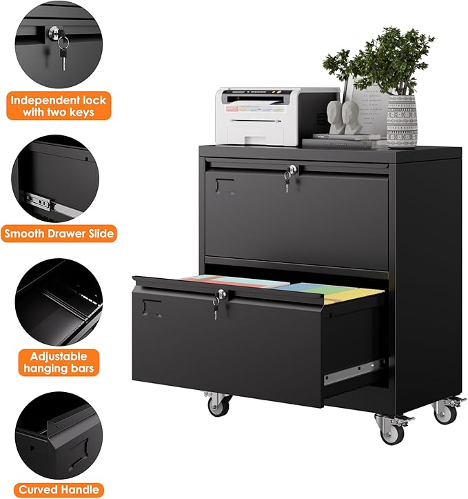 Aobabo Metal 2 Drawer Lateral File Mobile Cabinet with 2 Lock, Flie Cabinet with Wheels and Adjustable File Bars for Office,Home, for Letter/Legal Size, Black, Assembly Required-DeskLoop Office
