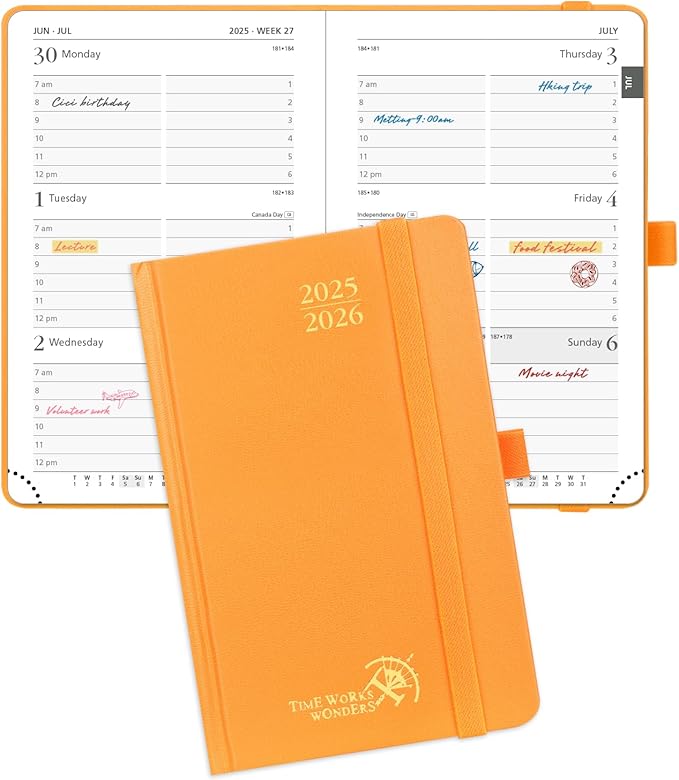 POPRUN Pocket Planner 2025-2026, (Purse Size 4''x 6.25'' Hard Cover) Academic Year Calendar Daily Weekly and Monthly (July 25-June 26) with Hourly Time Slots, 100 GSM Paper - Orange-DeskLoop Office