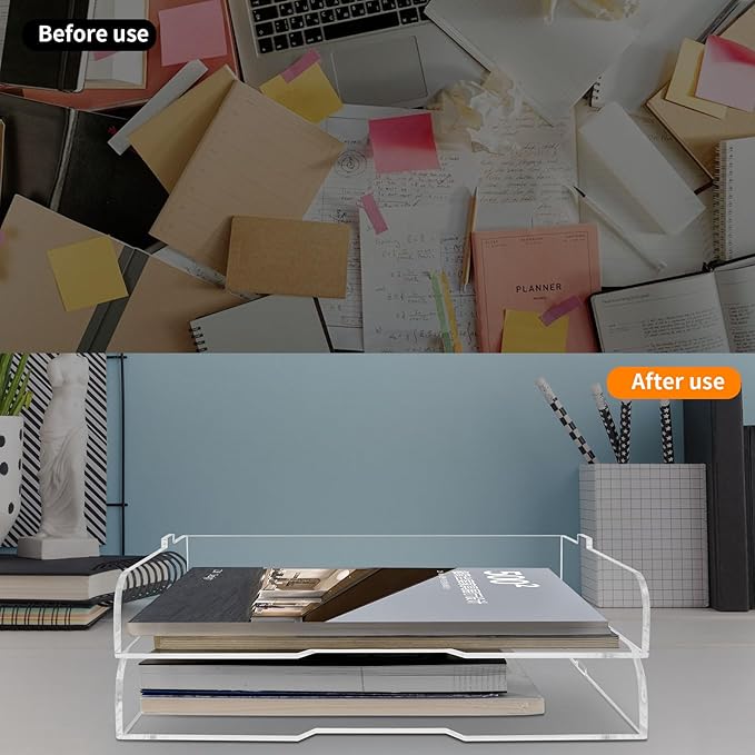 2 Pack- Stackable Paper Letter Tray,Clear Acrylic Magazine Holder and File Organizer - Sleek Desk Organizer for Home Office, Bookshelf, or Workspace - Space-Saving Transparent Document Holder-DeskLoop Office
