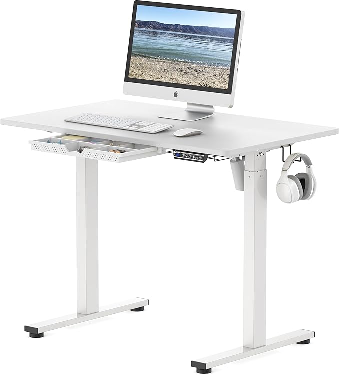 SHW 40-Inch Electric Height Adjustable Standing Desk with Drawer, Memory Preset and Cable Management Tray, White-DeskLoop Office