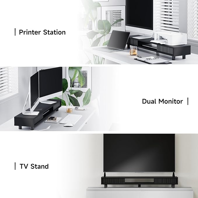 Fenge Dual Monitor Stand, 42.5inch Long Monitor Stands Riser for 2 Monitors, Sliding Door with Storage Organizer Stand for Desk, 2 Tier Desk Shelf for Laptop, Pc, Printer, Computer, TV-DeskLoop Office