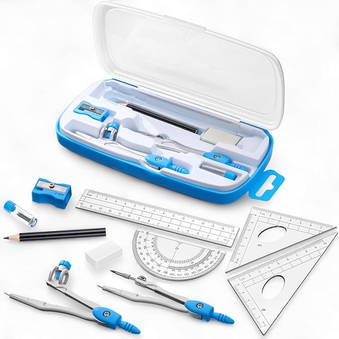 Zonon Math Geometry Set 10 Pcs Student Supplies with Shatterproof Storage Box, Includes Rulers Protractor Compass Pencil Sharpener Lead Refills Eraser Pencil for Drafting and Drawings(Blue)-DeskLoop Office