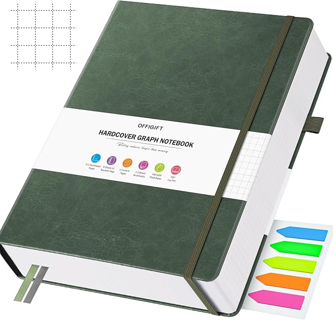 Graph Paper Notebook, 312 Numbered Pages B5 Hardcover Leather Journal, 100gsm No Bleed Grid Paper Notebook with Index Pages, Grid Notebook for Graphing Notes Math, 7.6'' X 10'', Green-DeskLoop Office
