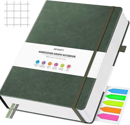 Graph Paper Notebook, 312 Numbered Pages Large A4 Hardcover Leather Journal, 100gsm No Bleed Grid Paper Notebook with Index Pages, Squared Grid Notebook for Graphing Notes Math, 8.5'' × 11'', Green-DeskLoop Office