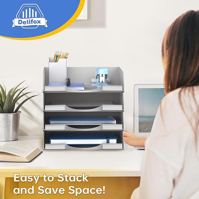 4 Pack Stackable Paper Trays for Letter Documents, Desktop File Organizers for Office Supplies, Stackable Desk Tray Holder for Paper Storage, Gray-DeskLoop Office