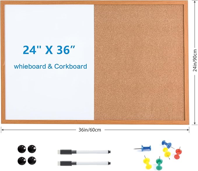 Combination Writeboard 36"x 24" Magnetic Whiteboard & Cork Board Dry Erase Board Bulletin Board Wall Mounted Wood Frame-DeskLoop Office
