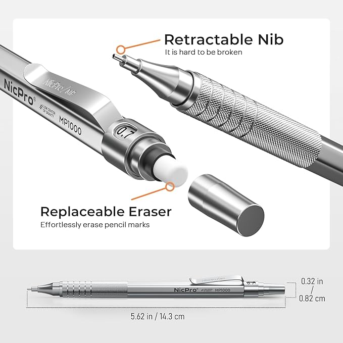 Nicpro 33PCS Metal Mechanical Pencil Set in Leather Case, Art Drafting Pencil 0.3, 0.5, 0.7, 0.9 mm, 2mm Lead Pencil Holders for Sketching Drawing With 18 Tube (6B 4B 2B HB 2H 4H Colors) Lead Refills-DeskLoop Office
