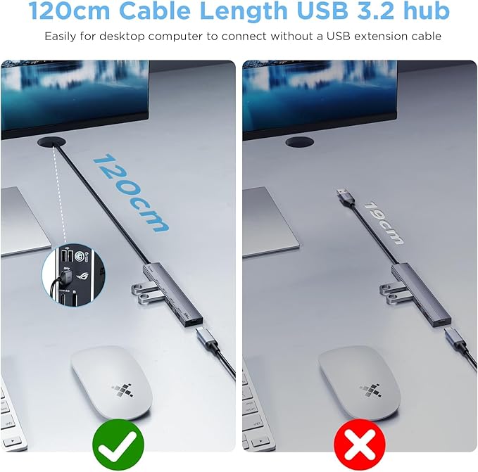Aceele 10Gbps USB 3.2 Hub with 4 USB A 3.2 Ports, USB 3.2 Gen 2 Splitter with 4ft Extented Long Data Cable and Type-C Power Port, for Chromebook,Surface Pro 3,iMac,PS4 Flash Drive Data and More