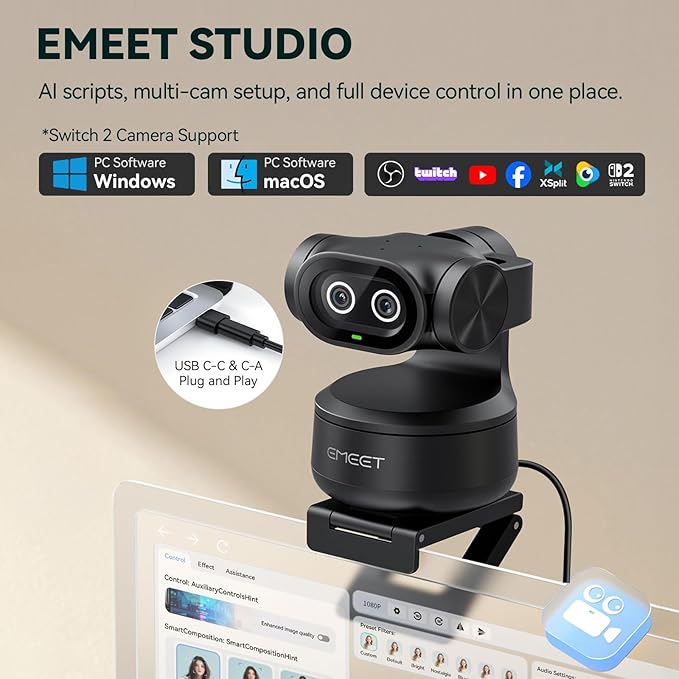 EMEET PIXY Dual-Camera AI-Powered PTZ Camera 4K, AI Tracking, PDAF&AI Autofocus 0.2s, 1/2.55'' Sony Sensor, 3 Mics, Presets, Gesture Control, 4K Webcam for Streaming and OBS/Twitch/Switch 2 Compatible-DeskLoop Office