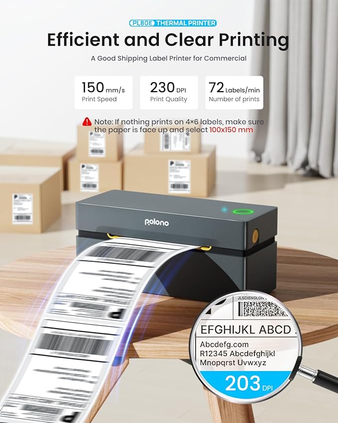 POLONO Bluetooth Thermal Shipping Label Printer, Wireless 4x6 Shipping Label Printer for Small Business, Support iOS, Android, Windows and Mac, Compatible with Amazon, Ebay, Shopify, Etsy, USPS (Grey)-DeskLoop Office