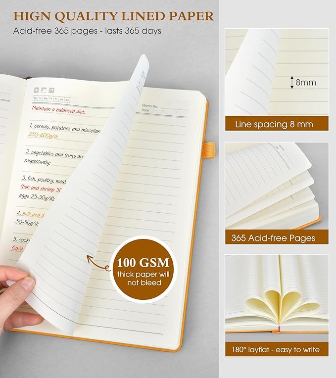 B5 Lined Journal Notebook - 365 Page Large Leather Journals for Writing Women Men,Hardcover Notebook with 100Gsm Thick Pages,Daily Diary for Travel, Work,School,College Ruled (7.6" x 10.3")