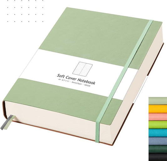 AHGXG Bullet Dotted Journal - Large A4 Notebook Dotted, 8.5''×11'', 320 Pages Dot Grid Notebook, 100gsm Thick Paper, Leather Softcover, with Journal Stencils, Inner Pocket - LightGreen-DeskLoop Office