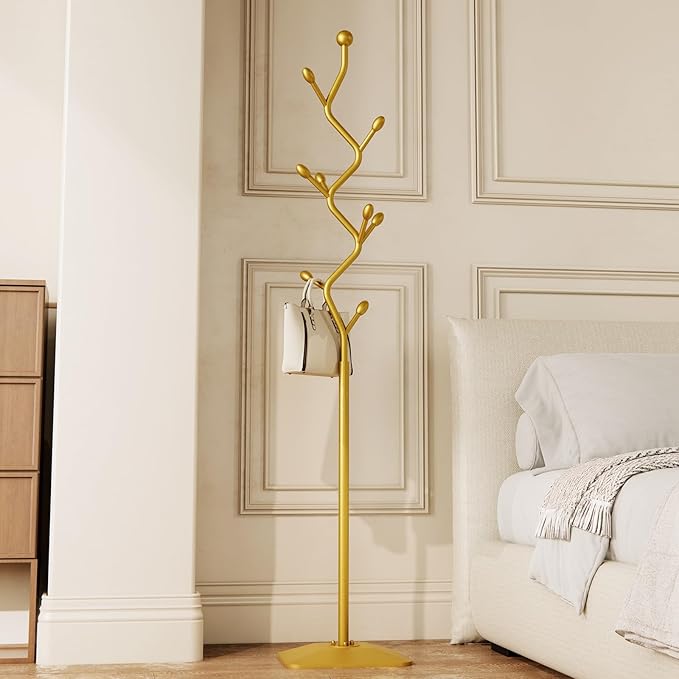 Tree-shaped coat rack stand,Metal coat tree with 8 Hooks and sturdy cast iron base,Heavy Duty coat rack freestanding coat hanger stand for Clothes Hats Scarfs Purses (gold)-DeskLoop Office