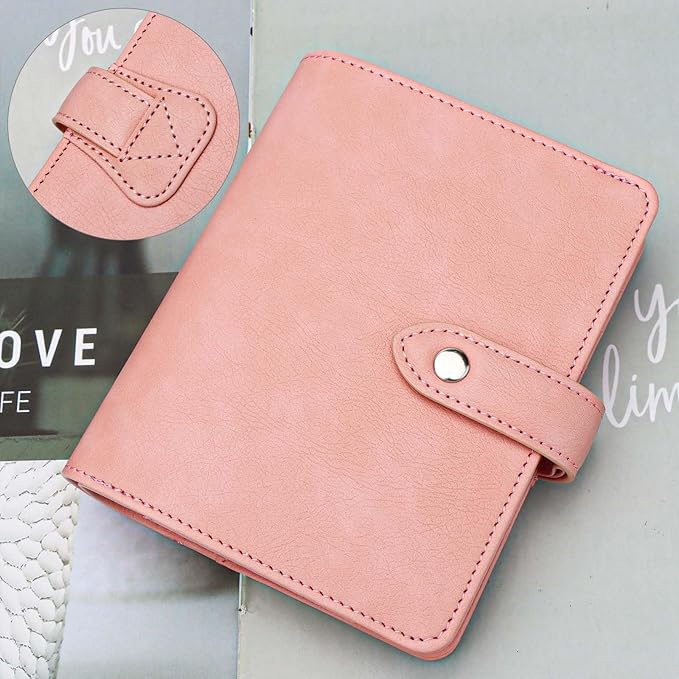 Mogoostry A7 Binder Cover Savings Binder Wallet Leather Binder Folder 6-Ring Refillable Notebook Binder Planner Cover Hardcover Budget Binder Organizer (Pink)