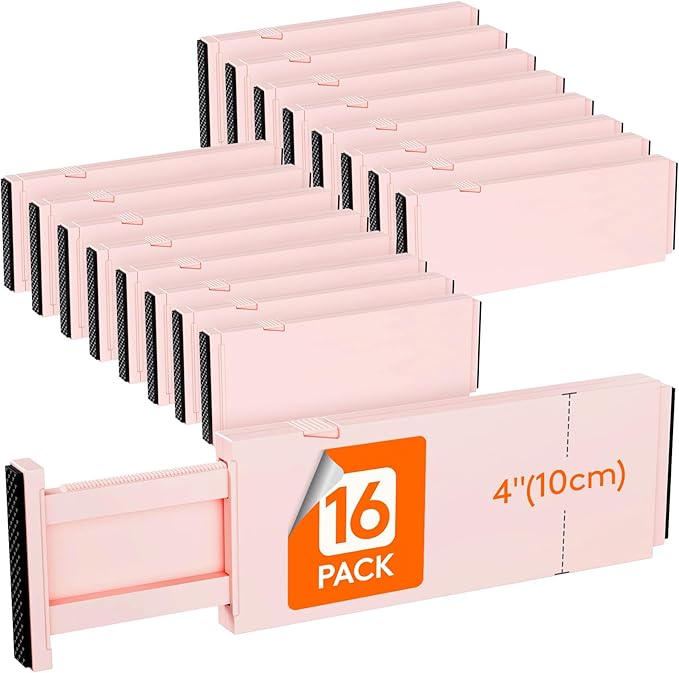Lifewit 16 Pack Drawer Dividers 4" High, 11-17" Adjustable Drawer Organizers for Clothes, Expandable Dresser Separators in Bedroom/Bathroom/Kitchen/Fridge/Office Organization and Storage, Pink-DeskLoop Office