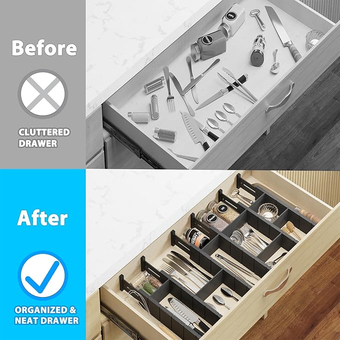 6 Pack Bamboo Drawer Dividers with 12 Inserts, Expandable Adjustable Clothes Drawer Organizers and Storage from 17" to 22" for Kitchen, Bedroom, Dresser, Cosmetics (Black)-DeskLoop Office