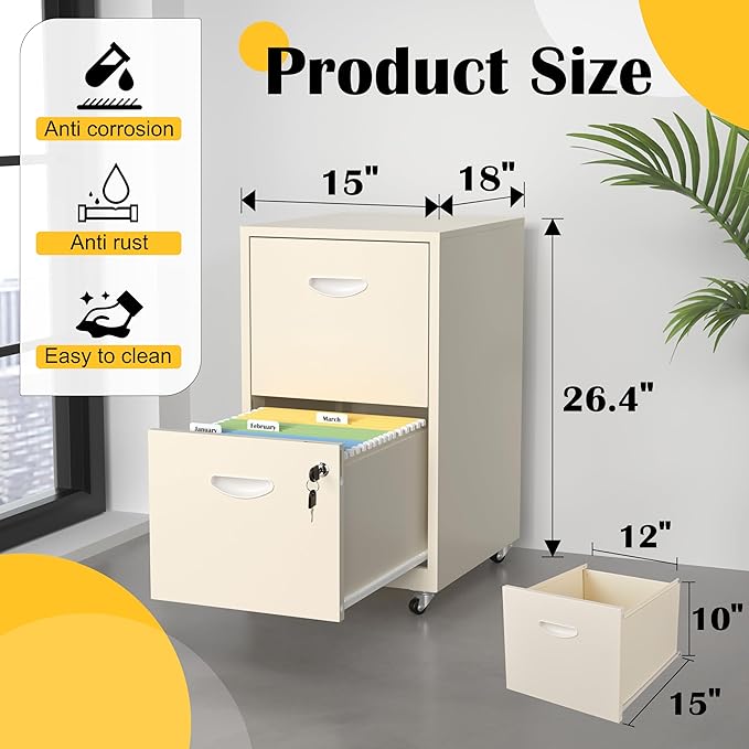 2 Drawer File Cabinet with Lock,Cream Rolling File Cabinet for Home Office, Metal Small Mobile Filing Cabinets on Wheels for Hanging Letter