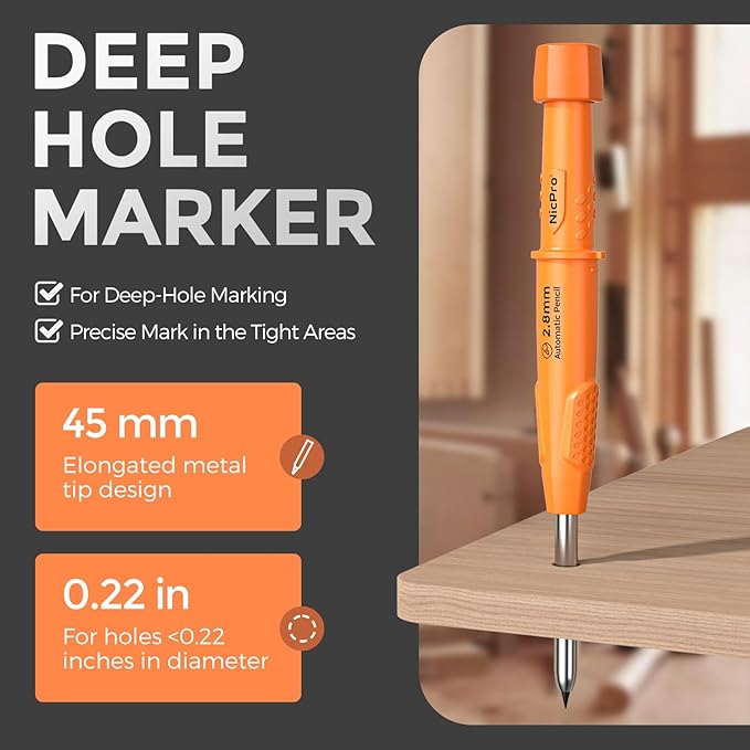 Nicpro CP3000 Carpenter Pencil with Sharpener, 2.8mm Mechanical Pencils with 19 Refill, Deep Hole Marker for Construction, Heavy Duty Woodworking Pencil, Carpenter Tools for Architect Marking (Orange)-DeskLoop Office