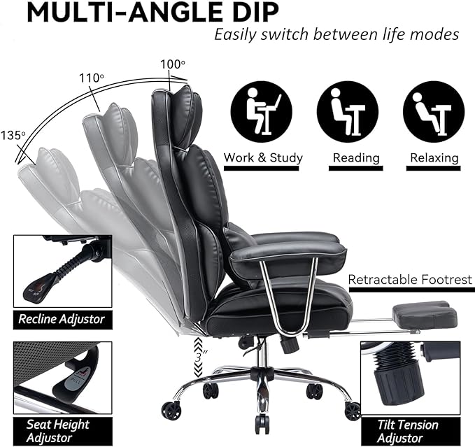 Efomao Desk Office Chair 400LBS, Big and Tall Office Chair, PU Leather Computer Chair, Executive Office Chair with Leg Rest and Lumbar Support, Black Office Chair-DeskLoop Office