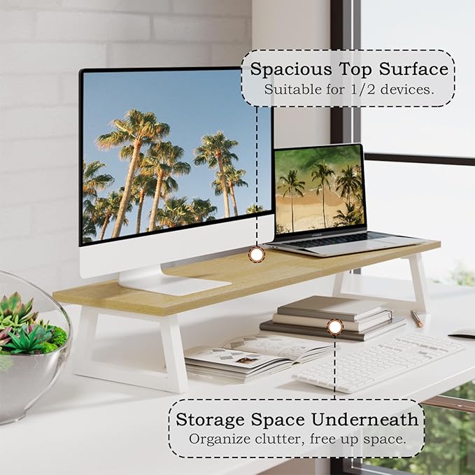 TEAMIX 31.5 inch Dual Monitor Riser - Wide TV Stand for 2 Monitors - Wood & Steel Desktop Riser for Dual Screen Office Desk Organization-DeskLoop Office